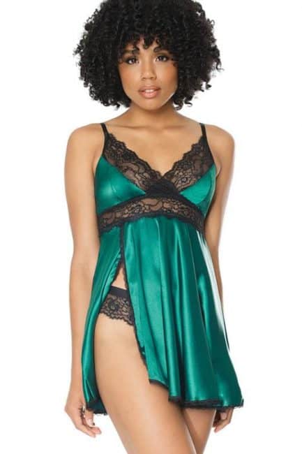 Coquette Envious Green Satin & Lace Babydoll with Thong