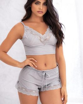 Mapale by Espiral True Stripes Cropped Camisole with Lace Trim Short