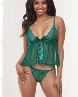 Seven Til Midnight Lustful Thoughts Green Lace & Mesh Camidoll with G-String