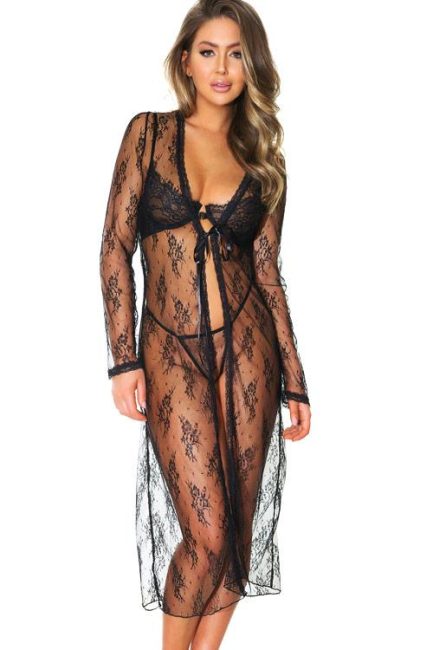 Coquette Eternal Charm Maxi Sheer Lace Robe with G-String